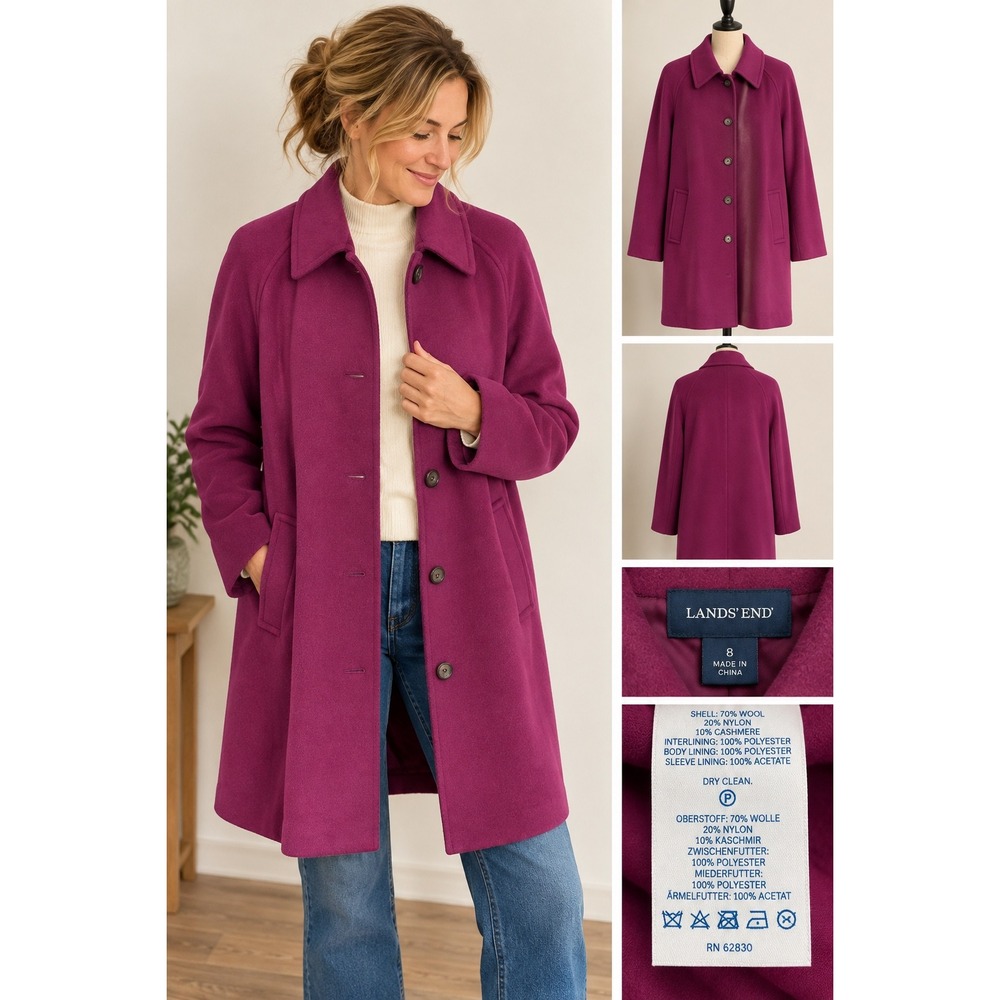 Lands' End Plum Wool Cashmere Blend Button Front Walking Coat Size 8 Outerwear